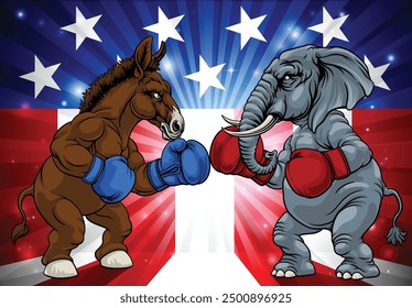 Elephant and donkey facing off American election party politics concept