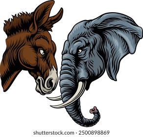 Elephant and donkey facing off American election party politics concept