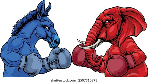 Elephant and donkey facing off American election party politics concept