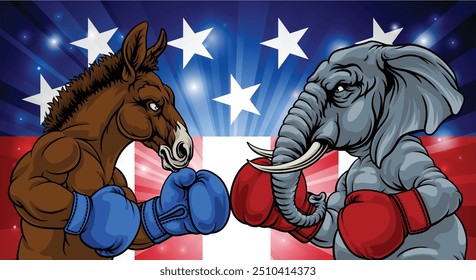 Elefante e burro enfrentando o conceito de política partidária eleitoral americana