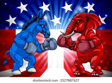 Elephant and donkey facing off American election party politics concept