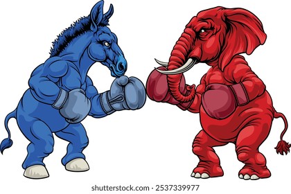 Elefante e burro enfrentando o conceito de política partidária eleitoral americana