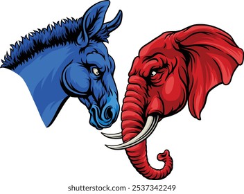 Elefante e burro enfrentando o conceito de política partidária eleitoral americana