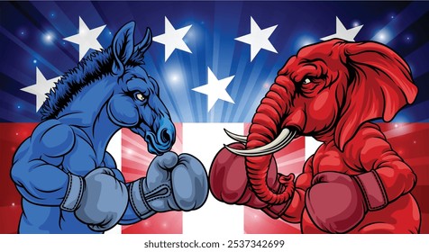 Elefante e burro enfrentando o conceito de política partidária eleitoral americana