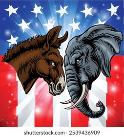 Elefante e burro enfrentando o conceito de política partidária eleitoral americana