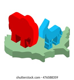 Elephant and donkey on map of America. Symbols of USA political party. Democrat and Republican. Elections in United States
