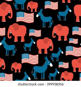 Elephant and Donkey seamless pattern. Symbols Democrats, Republicans. Texture election and debate America. Democrat donkey, Republican elephant and USA flag. Political background. patriotic ormanent