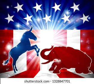 An elephant and donkey in silhouette facing off with an American flag in the background democrat and republican political mascot animals