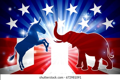 An elephant and donkey in silhouette facing off with an American flag in the background democrat and republican political mascot animals