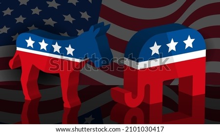 An elephant and donkey in silhouette facing off with an American flag in the background democrat and republican political mascot animals