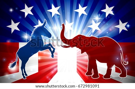 An elephant and donkey in silhouette facing off with an American flag in the background democrat and republican political mascot animals