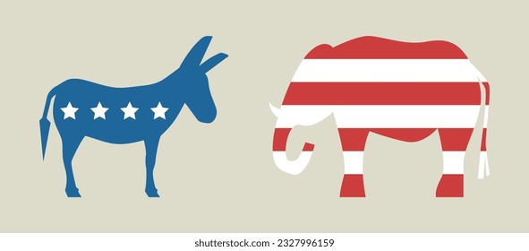 Elefant und Esel mit Sternen und Streifen. USA Flaggenfarben. Vektorgrafik.