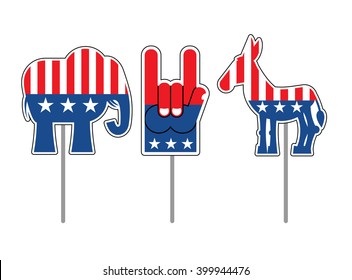 Elefant und Esel. Symbole von Demokraten und Republikanern. Politische Parteien in den USA. Scheiße mit dem Finger auf die Wahlen. Charakteristikum für Wahlen, Debatte in Amerika
