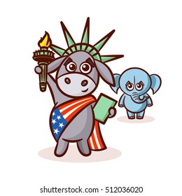 Elephant and Donkey. Symbols of Democrats and Republicans. Political parties in United States. Illustration for election, debate America. The Statue of Liberty. USA flag