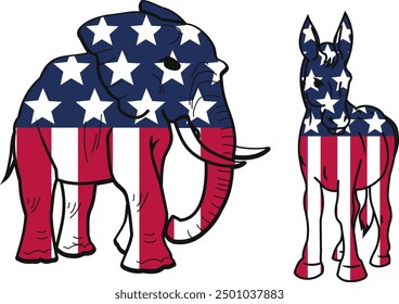 elephant donkey symbols of the republican and democratic parties in the colors of the red and blue flag of the US