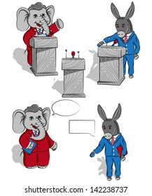 Elephant and donkey This is a Political set of images featuring a Donkey and an Elephant.  Black outline and colors of every object are layered separately.
