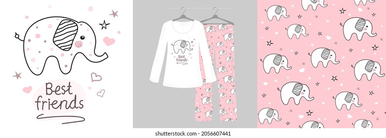 Doodle de elefante, animales de dibujos animados de fondo rosado. Patrón sin foco para los niños. Pajamas de diseño para mujeres y niños. Ilustración vectorial. Tipografía de ropa, camisas, camisetas. Obtenido a mano.