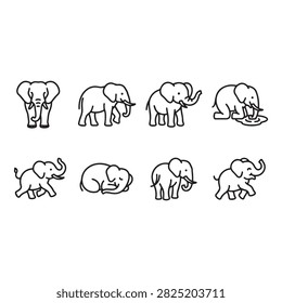 Elephant doodle icon set featuring cute pachyderms in diverse everyday poses