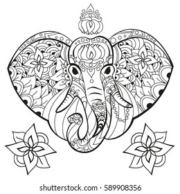Elephant in doodle style. Coloring page anti-stress for adults and children. Animals Zen.