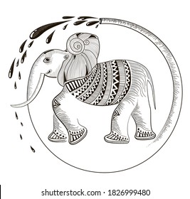 The elephant is drawn in black with lines and strokes, it is abstract and fantastic, it is wrapped around its trunk and poured with water. Isolated on white background. Stock vector illustration.