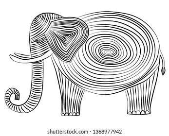 Elephant drawn by black lines and spirals. Elephant with large tusks on a white background. Funny elephant in an unusual technique drawing.