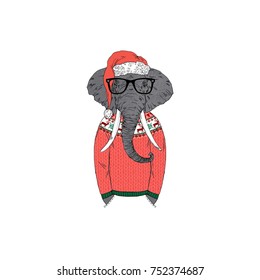 elephant dressed up in funny Christmas sweater and Santa hat, furry art illustration