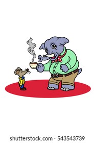 An elephant dressed with a shirt having a coffee with a little mouse. Vector Illustration