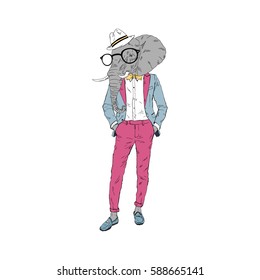 elephant dressed up in trendy suit, furry art illustration, fashion animals, anthropomorphism