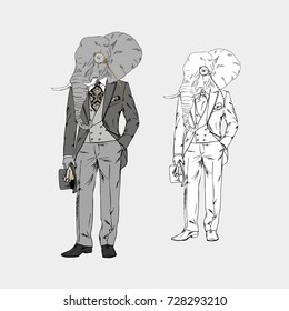 elephant dressed up in vintage victorian suit, furry art illustration, fashion animals