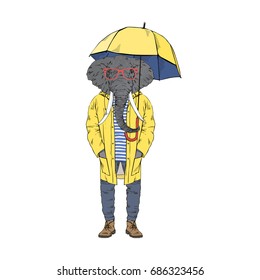 elephant dressed up in yellow raincoat, furry art illustration, fashion animals