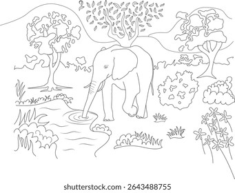 Elephant Drinking in Jungle Pond Line Art, Black and white line drawing illustration of an elephant drinking water from a pond in a jungle or savanna landscape with trees and plants. Ideal for