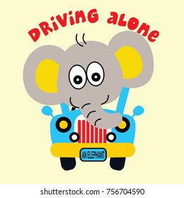 elephant is driving alone, cartoon vector illustration
