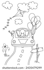 Elephant Driving A Car On A Summer Day. Is A Coloring Page For Children'S Creativity