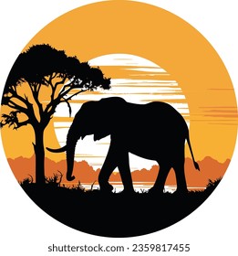 Elephant dusk vector with tree, African elephant in the savanna, Vector illustration concept