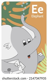 Elephant E letter. A-Z Alphabet collection with cute cartoon animals in 2D. Grey elephant carrying a stack of envelopes. Hand-drawn funny simple style.