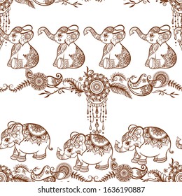 Elephant in eastern ethnic style, traditional indian henna ornament. Seamless pattern, background. Vector illustration..