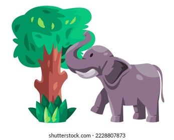 Elephant eat leaf from tree cartoon illustration of animal with tusk and trunk