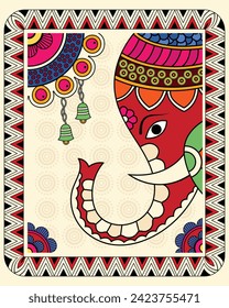 Elephant Elegance - Traditional Madhubani Painting Art. Traditional Indian Folk Art Elephant Design, Colorful Madhubani Elephant Painting, Vibrant Elephant Artwork in Madhubani Style.