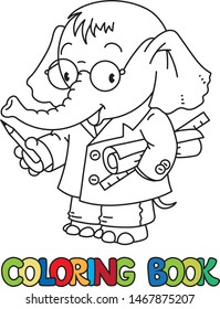Elephant engineer. Coloring book of funny elephant engineer or inventor in coat with papers or drawings, showing by pencil. Animals with profession ABC. Children vector illustration. Alphabet E