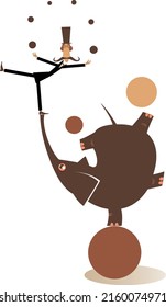 Elephant and equilibrist mustache man juggle the balls. 
Funny long mustache man in the top hat balances on the trunk of the elephant and juggles the balls on white background
