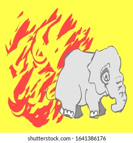 Elephant escaping wildfire vector illustration
