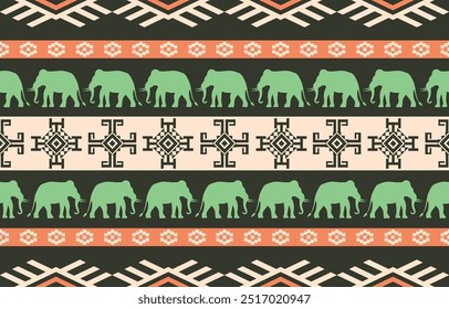 Ethnische Elefantenmuster. creme- und orangefarbene Streifen, dunkelgrüner Hintergrund. Design für Tapete, Teppich, Kleidung, Mode, Stoff.
