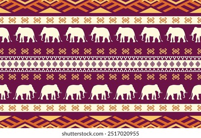 Elephant ethnic pattern. cream and orange stripes, purple background. Design for wallpaper,carpet, clothing, fashion, fabric.