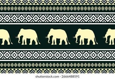 Elephant Ethnic pattern Design. Seamless. Whitecolorful stripes, Darkcolorful background. Ethnicity. Floral patterns, printed fabrics, pants, Lanna.