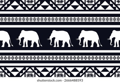 Elephant Ethnic pattern Design. Seamless. Whitecolorful stripes, Darkcolorful background. Ethnicity. Floral patterns, printed fabrics, pants, Lanna.