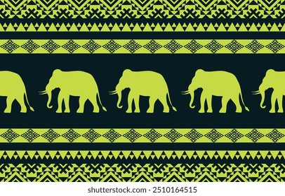 Elephant ethnic pattern. Green stripes, darkgreen background. Design for wallpaper,carpet, clothing, fashion, fabric.