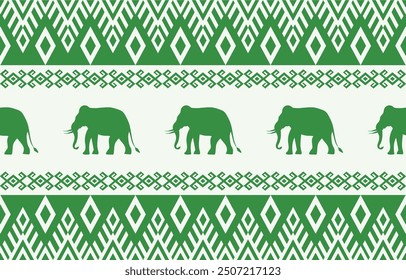 Ethnische Elefantenmuster. Weiße Streifen, grüner Hintergrund.Design für Tapete, Teppich, Kleidung, Mode, Stoff.