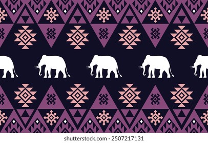 Patrón étnico de elefante. Rayas blancas, fondo púrpura oscuro. Diseño para el Fondo de pantalla, alfombra, ropa, moda, tela.