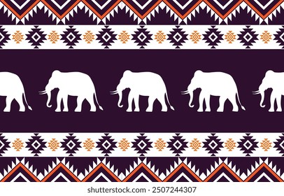 Patrón étnico de elefante. Rayas blancas, fondo púrpura oscuro. Diseño para el Fondo de pantalla, alfombra, ropa, moda, tela.