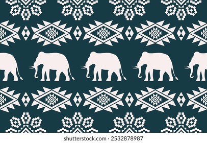Patrón étnico de elefante. Rayas blancas, fondo verde. Diseño para el Fondo de pantalla, alfombra, ropa, moda, tela.